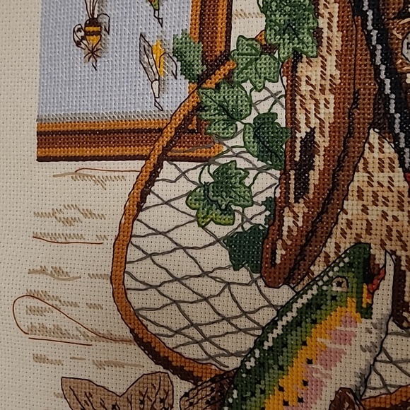 Vintage Fisherman's Fishing Gear Finished Cross Stitch Sampler - Picture 3 of 16